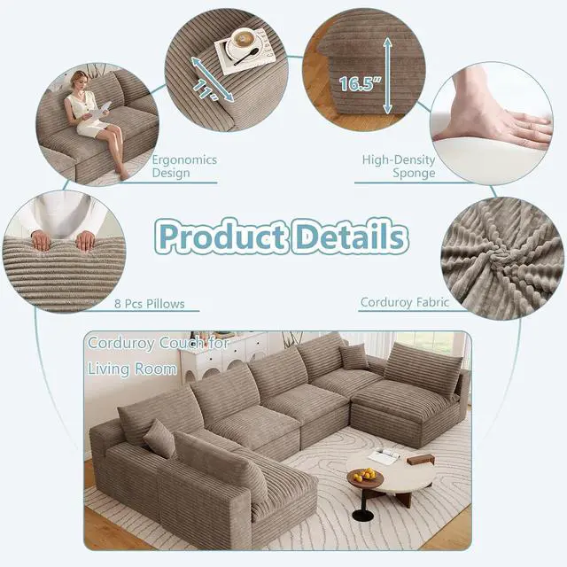 Alt view image 6 of 7 - 136" Oversized Cloud Sectional Couch with U-Shaped Chaise,6-Seater Corduroy Viral Boneless Sofa,Memory Foam Couches in a Box with Deep Seat for Living Room,No Assembly Required, Camel