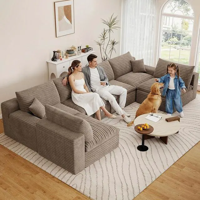 Alt view image 3 of 7 - 136" Oversized Cloud Sectional Couch with U-Shaped Chaise,6-Seater Corduroy Viral Boneless Sofa,Memory Foam Couches in a Box with Deep Seat for Living Room,No Assembly Required, Camel