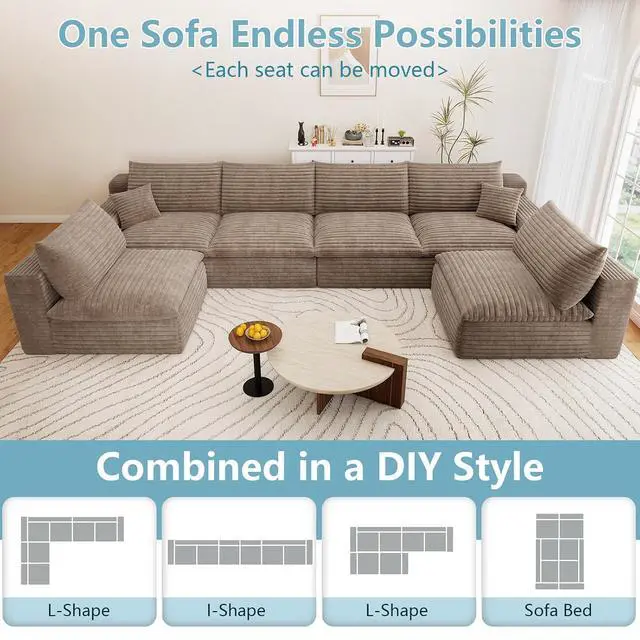 Alt view image 5 of 7 - 136" Oversized Cloud Sectional Couch with U-Shaped Chaise,6-Seater Corduroy Viral Boneless Sofa,Memory Foam Couches in a Box with Deep Seat for Living Room,No Assembly Required, Camel