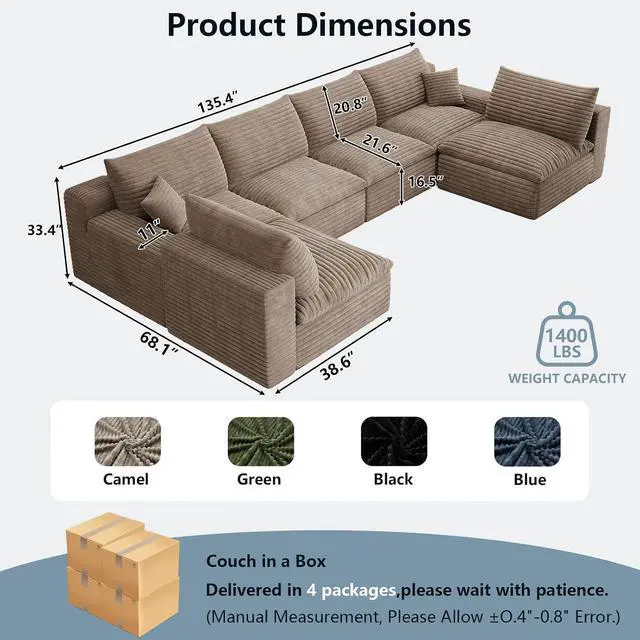 Alt view image 7 of 7 - 136" Oversized Cloud Sectional Couch with U-Shaped Chaise,6-Seater Corduroy Viral Boneless Sofa,Memory Foam Couches in a Box with Deep Seat for Living Room,No Assembly Required, Camel