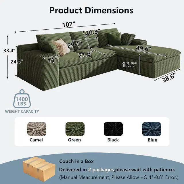 Alt view image 2 of 7 - 107" Cloud Sectional Couch with L-Shape Chaise,Corduroy Viral Boneless Sofa for Living Room,Modern Memory Foam Couches in a Box with Deep Seat,No Assembly Required (Green,Right-Facing Chaise)