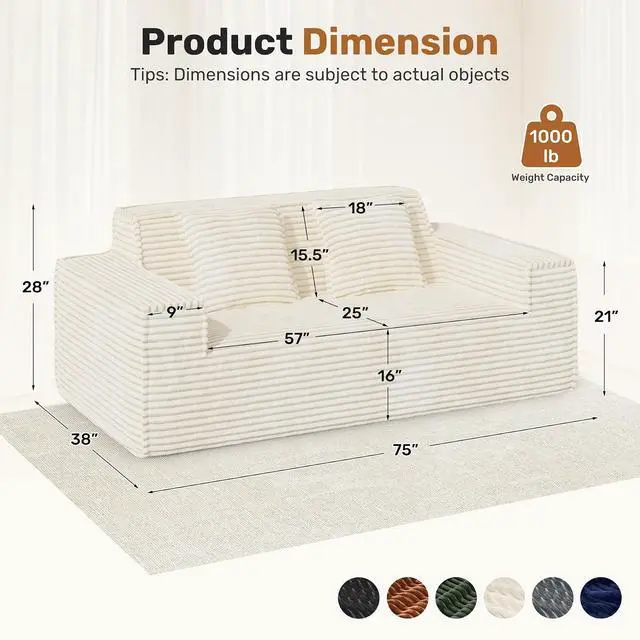 Alt view image 2 of 7 - 75'' Modern Cloud Loveseat Sofa Set of 2, No Assembly Required Comfy Deep Seat Couches 2 pcs for Living Room, Bedroom, Apartment (Corduroy-Beige)