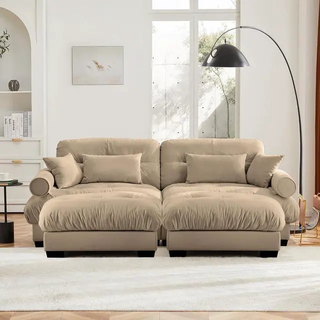 Alt view image 3 of 6 - 93.7" Oversized Loveseat Sofa with 2 Ottomans, Modern Velvet 2-Seat Couch with Waist & Throw Pillows, Upholstered Deep Seat Cloud Couch for Living Room, Bedroom (Camel,2 Seater with 2 Ottomans)