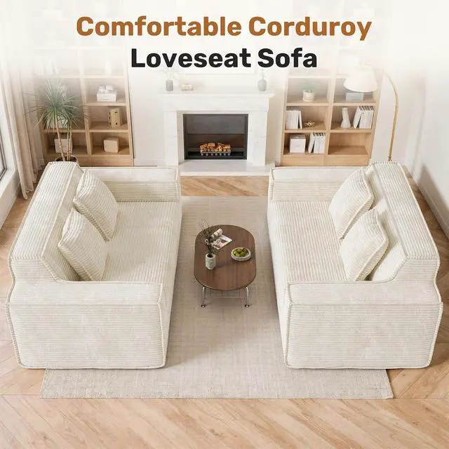 Alt view image 3 of 7 - 75'' Modern Cloud Loveseat Sofa Set of 2, No Assembly Required Comfy Deep Seat Couches 2 pcs for Living Room, Bedroom, Apartment (Corduroy-Beige)