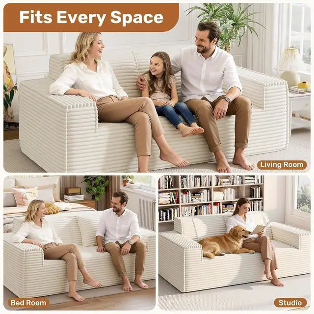 Alt view image 6 of 7 - 75'' Modern Cloud Loveseat Sofa Set of 2, No Assembly Required Comfy Deep Seat Couches 2 pcs for Living Room, Bedroom, Apartment (Corduroy-Beige)