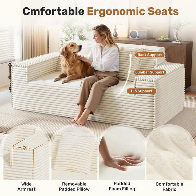 Alt view image 5 of 7 - 75'' Modern Cloud Loveseat Sofa Set of 2, No Assembly Required Comfy Deep Seat Couches 2 pcs for Living Room, Bedroom, Apartment (Corduroy-Beige)