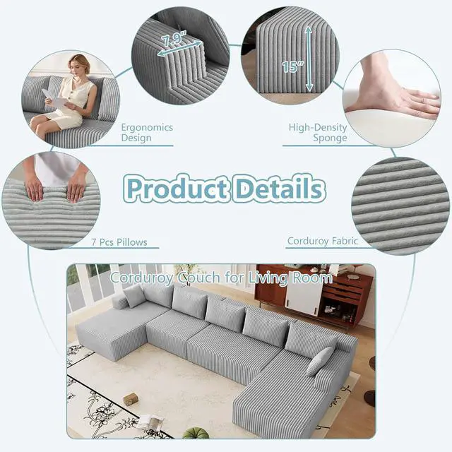 Alt view image 4 of 7 - 160" Cloud Sectional Couch,Modern U-Shaped Cloud Couch with Deep Seat,Comfy Corduroy 5-Seater Sofa,Memory Foam Sofa for Living Room,No Assembly (Light Grey)