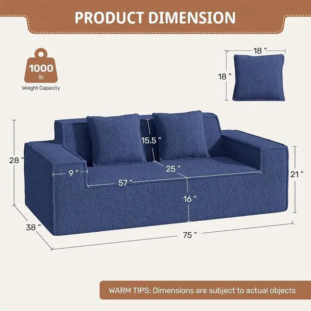 Alt view image 2 of 7 - 75'' Cloud Loveseat Sofa, No Assembly Required Comfy Deep Seat Teddy Couches 1 pcs for Living Room, Bedroom, Apartment(Teddy Fabric-Blue)