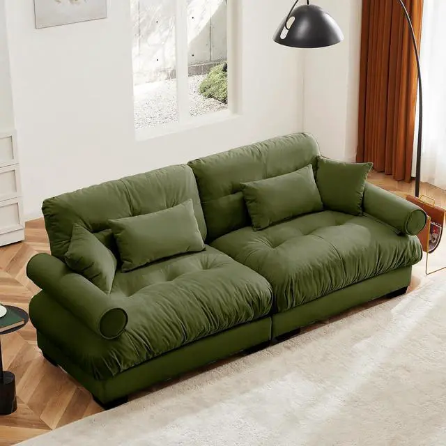 Main image of 93.7" Oversized Loveseat Sofa, Modern Velvet 2-Seat Couch with Waist & Throw Pillows, Upholstered Deep Seat Cloud Couch for Living Room, Bedroom & Small Spaces (Olive Green,2 Seater)