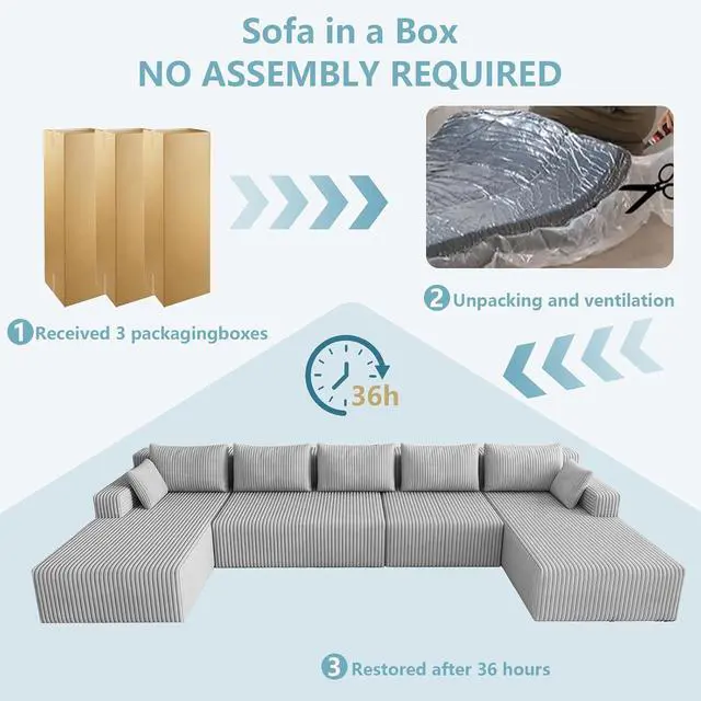 Alt view image 5 of 7 - 160" Cloud Sectional Couch,Modern U-Shaped Cloud Couch with Deep Seat,Comfy Corduroy 5-Seater Sofa,Memory Foam Sofa for Living Room,No Assembly (Light Grey)