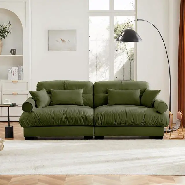 Alt view image 3 of 6 - 93.7" Oversized Loveseat Sofa, Modern Velvet 2-Seat Couch with Waist & Throw Pillows, Upholstered Deep Seat Cloud Couch for Living Room, Bedroom & Small Spaces (Olive Green,2 Seater)