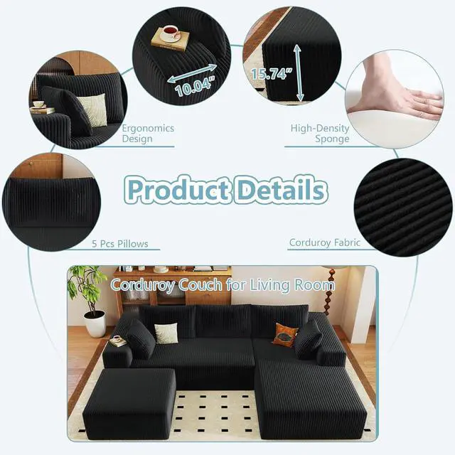 Alt view image 4 of 6 - 96" W Cloud Sectional Couch with Ottoman,Modern U-Shaped Cloud Couch with Deep Seat,Comfy Corduroy 3-Seater Sofa,Memory Foam Sofa for Living Room,No Assembly (Black,Right-Facing Chaise)