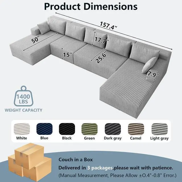 Alt view image 6 of 7 - 160" Cloud Sectional Couch,Modern U-Shaped Cloud Couch with Deep Seat,Comfy Corduroy 5-Seater Sofa,Memory Foam Sofa for Living Room,No Assembly (Light Grey)