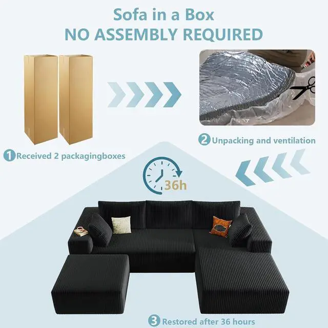 Alt view image 5 of 6 - 96" W Cloud Sectional Couch with Ottoman,Modern U-Shaped Cloud Couch with Deep Seat,Comfy Corduroy 3-Seater Sofa,Memory Foam Sofa for Living Room,No Assembly (Black,Right-Facing Chaise)