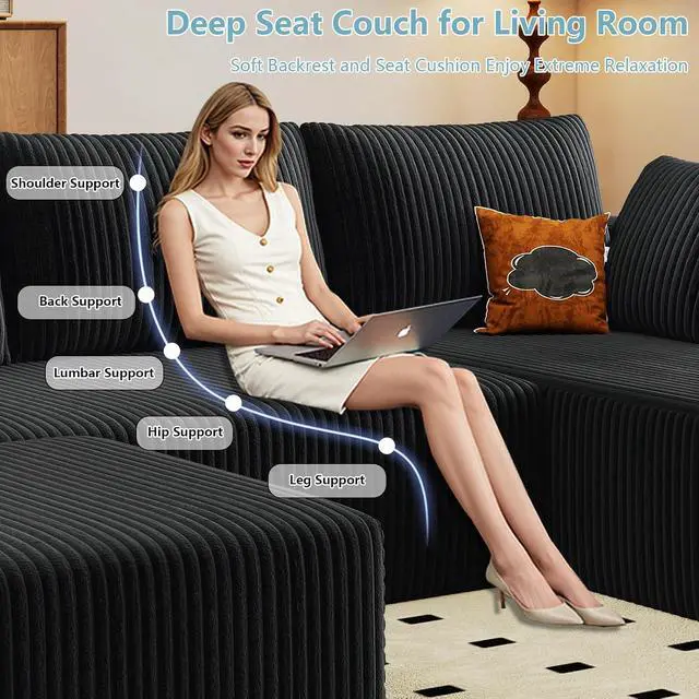 Alt view image 3 of 6 - 96" W Cloud Sectional Couch with Ottoman,Modern U-Shaped Cloud Couch with Deep Seat,Comfy Corduroy 3-Seater Sofa,Memory Foam Sofa for Living Room,No Assembly (Black,Right-Facing Chaise)