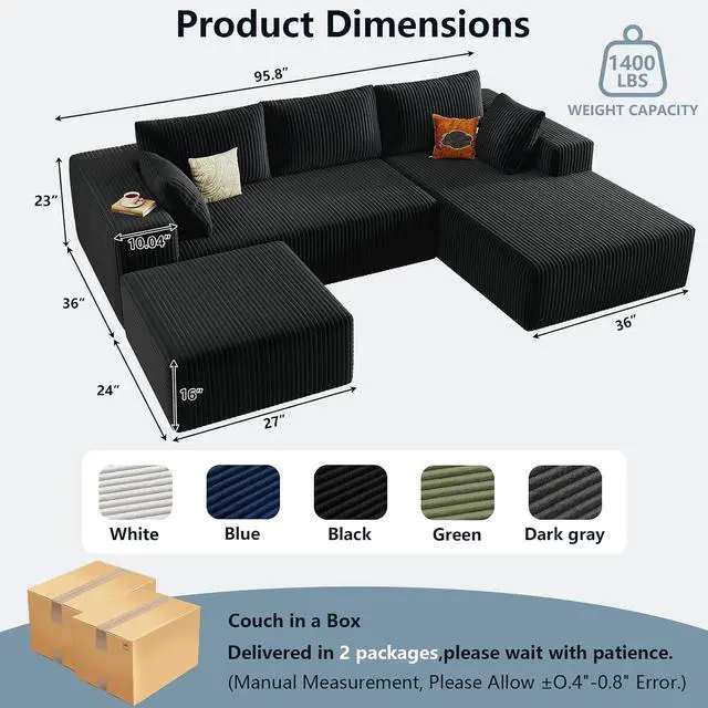 Alt view image 2 of 6 - 96" W Cloud Sectional Couch with Ottoman,Modern U-Shaped Cloud Couch with Deep Seat,Comfy Corduroy 3-Seater Sofa,Memory Foam Sofa for Living Room,No Assembly (Black,Right-Facing Chaise)