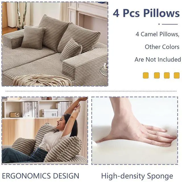 Alt view image 5 of 7 - 75"Oversized Chaise Lounge Chair,Sectional Double Lounge Chaise with Pillows, Upholstered Corduroy Boneless Lounge Chair, Fluffy Modern Loveseat Sleeper Sofa for Living Room or Bedroom(Camel)