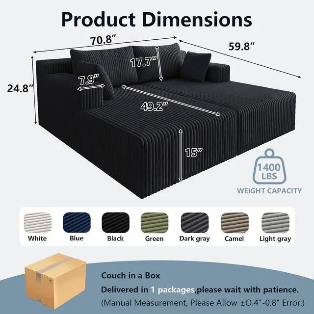 Alt view image 2 of 7 - 71"Oversized Chaise Lounge Chair,Sectional Double Lounge Chaise with Pillows, Upholstered Corduroy Boneless Lounge Chair, Fluffy Modern Loveseat Sleeper Sofa for Living Room or Bedroom (Black)