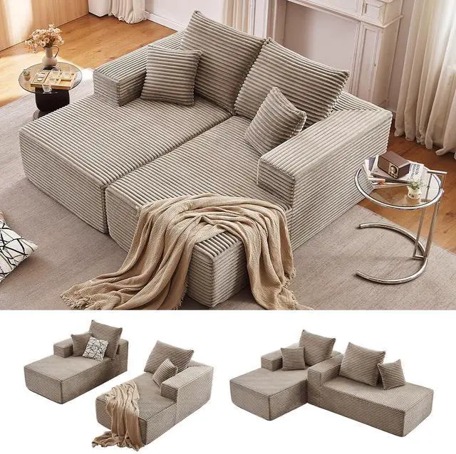 Main image of 75"Oversized Chaise Lounge Chair,Sectional Double Lounge Chaise with Pillows, Upholstered Corduroy Boneless Lounge Chair, Fluffy Modern Loveseat Sleeper Sofa for Living Room or Bedroom(Camel)
