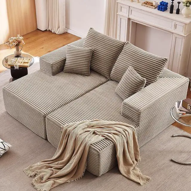 Alt view image 2 of 7 - 75"Oversized Chaise Lounge Chair,Sectional Double Lounge Chaise with Pillows, Upholstered Corduroy Boneless Lounge Chair, Fluffy Modern Loveseat Sleeper Sofa for Living Room or Bedroom(Camel)