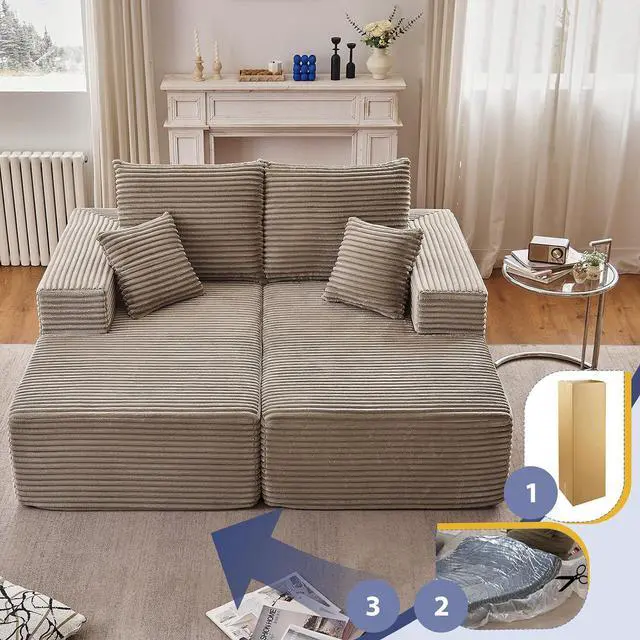 Alt view image 4 of 7 - 75"Oversized Chaise Lounge Chair,Sectional Double Lounge Chaise with Pillows, Upholstered Corduroy Boneless Lounge Chair, Fluffy Modern Loveseat Sleeper Sofa for Living Room or Bedroom(Camel)