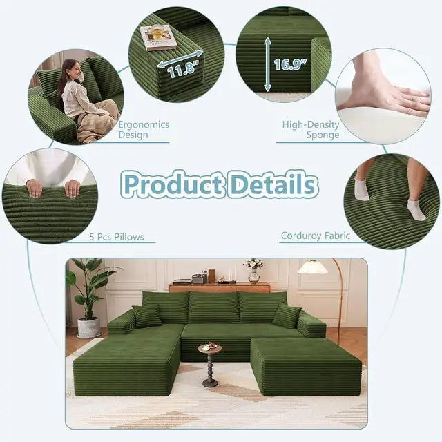 Alt view image 6 of 7 - 107" U Shaped Cloud Sectional Couch with Fluffy Corduroy, Deep Memory Foam Seats Sofa with 1 Ottoman for Living Room, No Assembly Required(Green,Left-Facing Chaise)
