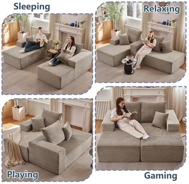 Alt view image 6 of 7 - 75"Oversized Chaise Lounge Chair,Sectional Double Lounge Chaise with Pillows, Upholstered Corduroy Boneless Lounge Chair, Fluffy Modern Loveseat Sleeper Sofa for Living Room or Bedroom(Camel)