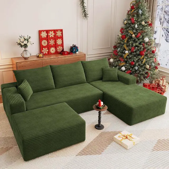 Main image of 107" U Shaped Cloud Sectional Couch with Fluffy Corduroy, Deep Memory Foam Seats Sofa with 1 Ottoman for Living Room, No Assembly Required(Green,Right-Facing Chaise)
