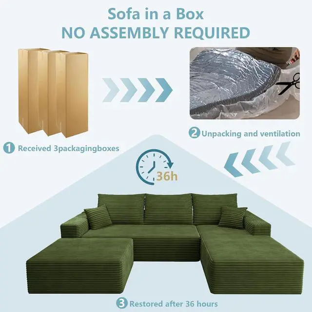 Alt view image 6 of 7 - 107" U Shaped Cloud Sectional Couch with Fluffy Corduroy, Deep Memory Foam Seats Sofa with 1 Ottoman for Living Room, No Assembly Required(Green,Right-Facing Chaise)