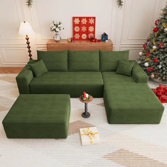 Alt view image 4 of 7 - 107" U Shaped Cloud Sectional Couch with Fluffy Corduroy, Deep Memory Foam Seats Sofa with 1 Ottoman for Living Room, No Assembly Required(Green,Right-Facing Chaise)