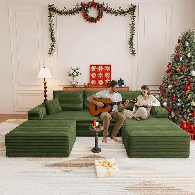 Alt view image 3 of 7 - 107" U Shaped Cloud Sectional Couch with Fluffy Corduroy, Deep Memory Foam Seats Sofa with 1 Ottoman for Living Room, No Assembly Required(Green,Right-Facing Chaise)