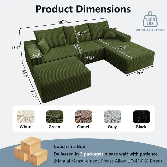 Alt view image 2 of 7 - 107" U Shaped Cloud Sectional Couch with Fluffy Corduroy, Deep Memory Foam Seats Sofa with 1 Ottoman for Living Room, No Assembly Required(Green,Right-Facing Chaise)