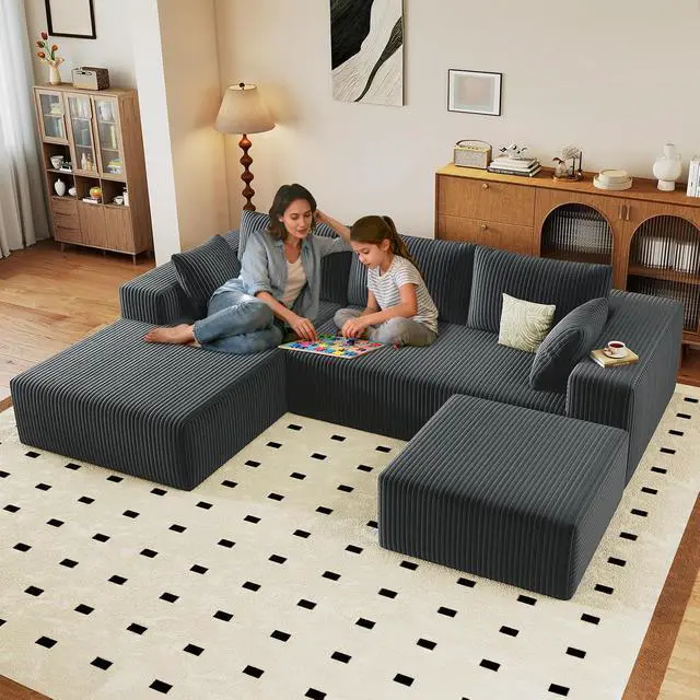 Alt view image 2 of 6 - 96" U Shaped Cloud Sectional Couch with Fluffy Corduroy, Deep Memory Foam Seats Sofa with 1 Ottoman for Living Room, No Assembly Required(Dark Grey,Left-Facing Chaise)