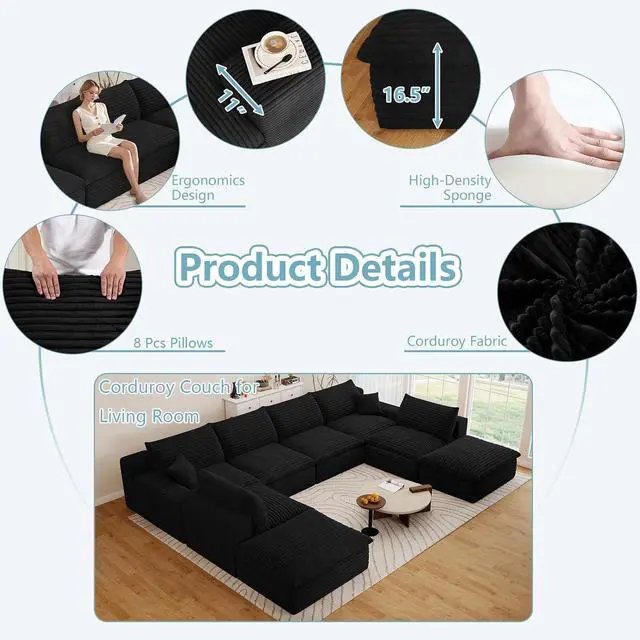Alt view image 4 of 7 - 136" Oversized Cloud Sectional Couch with U-Shaped Chaise,8-Seater Corduroy Viral Boneless Sofa,Memory Foam Couches in a Box with Deep Seat for Living Room,No Assembly Required, Black