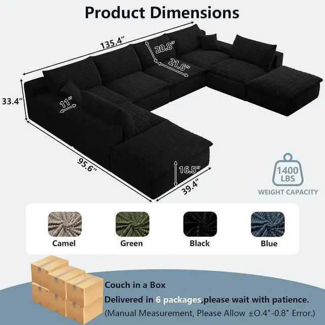 Alt view image 7 of 7 - 136" Oversized Cloud Sectional Couch with U-Shaped Chaise,8-Seater Corduroy Viral Boneless Sofa,Memory Foam Couches in a Box with Deep Seat for Living Room,No Assembly Required, Black