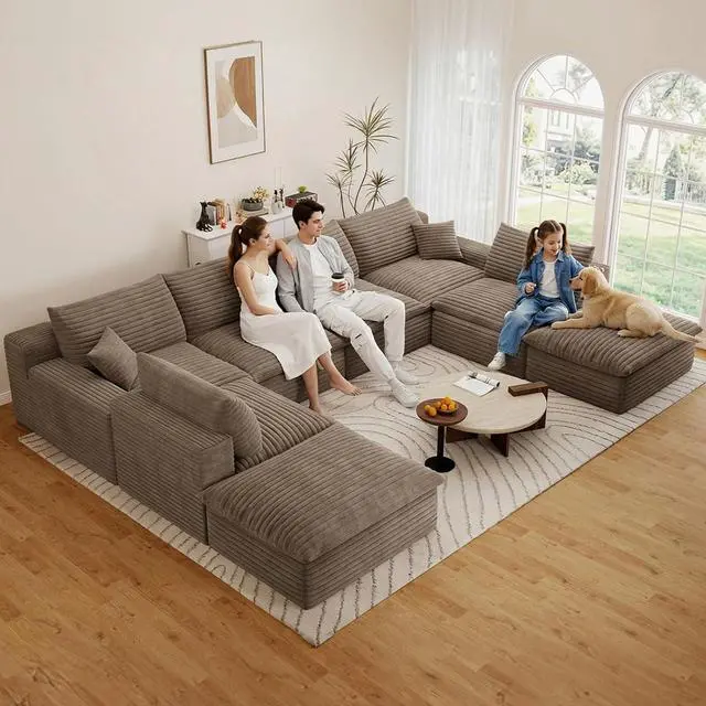 Main image of 136" Cloud Sectional Couch with U-Shaped Chaise,6-Seater Corduroy Viral Boneless Sofa with Ottoman,Memory Foam Couches in a Box with Deep Seat for Living Room,No Assembly Required, Camel