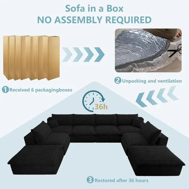 Alt view image 6 of 7 - 136" Oversized Cloud Sectional Couch with U-Shaped Chaise,8-Seater Corduroy Viral Boneless Sofa,Memory Foam Couches in a Box with Deep Seat for Living Room,No Assembly Required, Black