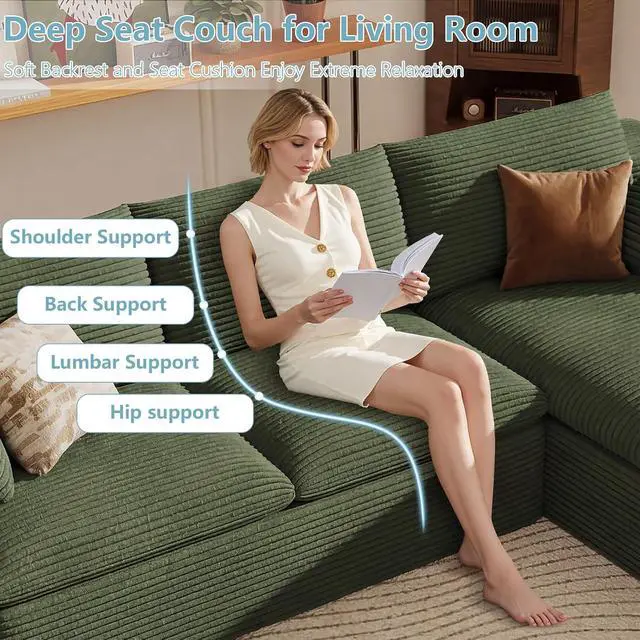 Alt view image 3 of 7 - 107" Cloud Sectional Couch with L-Shape Chaise,Corduroy Viral Boneless Sofa for Living Room,Modern Memory Foam Couches in a Box with Deep Seat,No Assembly Required (Green,Right-Facing Chaise)