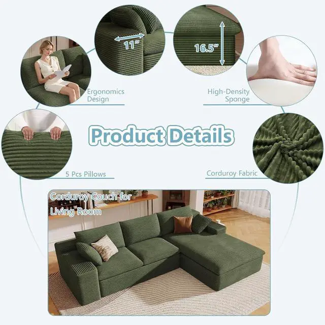 Alt view image 4 of 7 - 107" Cloud Sectional Couch with L-Shape Chaise,Corduroy Viral Boneless Sofa for Living Room,Modern Memory Foam Couches in a Box with Deep Seat,No Assembly Required (Green,Right-Facing Chaise)