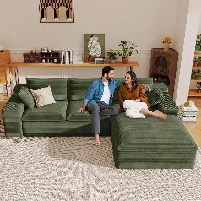 Alt view image 5 of 7 - 107" Cloud Sectional Couch with L-Shape Chaise,Corduroy Viral Boneless Sofa for Living Room,Modern Memory Foam Couches in a Box with Deep Seat,No Assembly Required (Green,Right-Facing Chaise)