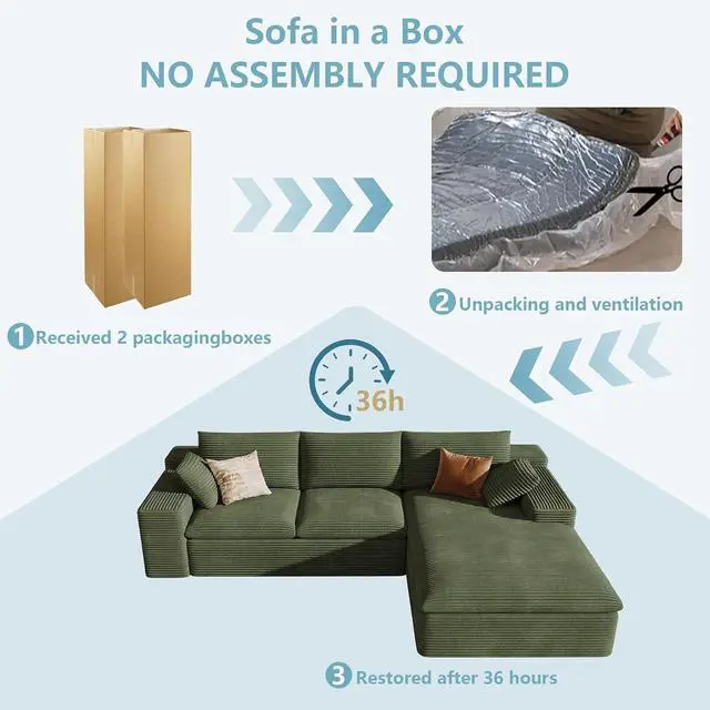 Alt view image 7 of 7 - 107" Cloud Sectional Couch with L-Shape Chaise,Corduroy Viral Boneless Sofa for Living Room,Modern Memory Foam Couches in a Box with Deep Seat,No Assembly Required (Green,Right-Facing Chaise)