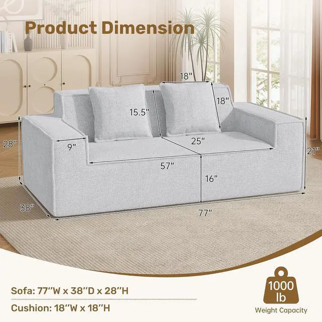 Alt view image 2 of 7 - 77'' Modern Small Loveseat, No Assembly Required Cloud Sofa Cloud Sofa Boneless Couches with 2 pcs Pillows for Living Room, Apartment(Polar Fleece-Grey)