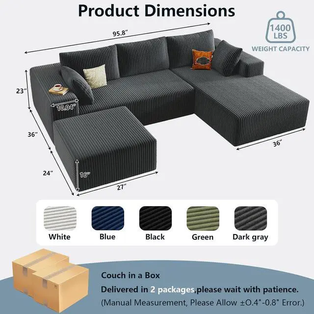 Alt view image 2 of 7 - 96" W Cloud Sectional Couch with Ottoman,Modern U-Shaped Cloud Couch with Deep Seat,Comfy Corduroy 3-Seater Sofa,Memory Foam Sofa for Living Room,No Assembly (Dark Grey,Right-Facing Chaise)
