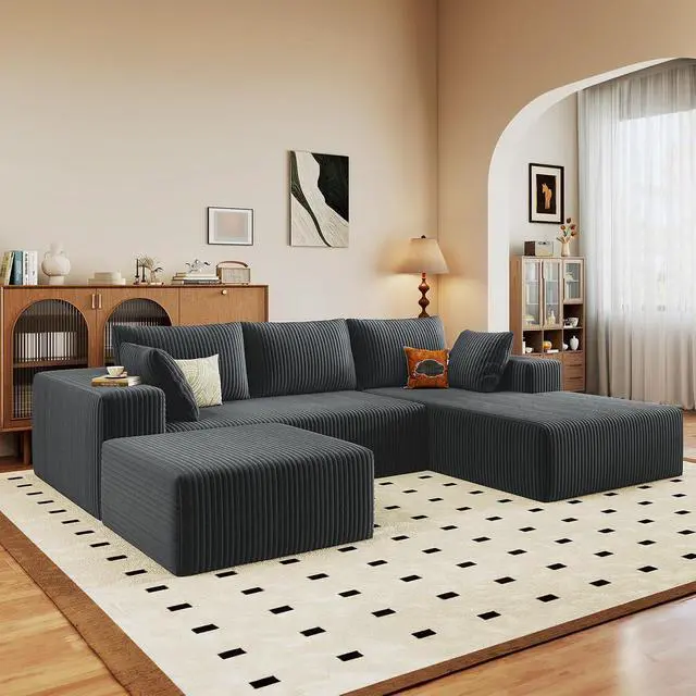 Alt view image 6 of 7 - 96" W Cloud Sectional Couch with Ottoman,Modern U-Shaped Cloud Couch with Deep Seat,Comfy Corduroy 3-Seater Sofa,Memory Foam Sofa for Living Room,No Assembly (Dark Grey,Right-Facing Chaise)