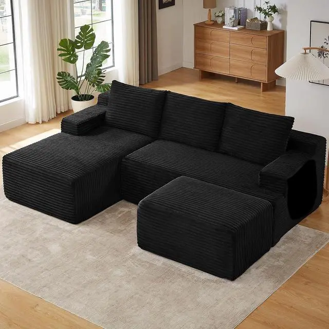 Main image of 96" W Cloud Sectional Couch with Ottoman,Modern U-Shaped Cloud Couch with Side Pockets,Comfy Corduroy 3-Seater Sofa,Memory Foam Sofa for Living Room,No Assembly (Black,Left-Facing Chaise)