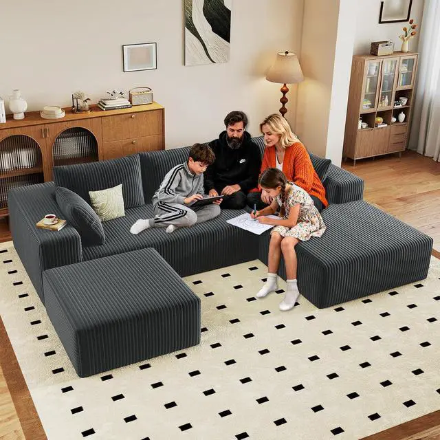 Alt view image 3 of 7 - 96" W Cloud Sectional Couch with Ottoman,Modern U-Shaped Cloud Couch with Deep Seat,Comfy Corduroy 3-Seater Sofa,Memory Foam Sofa for Living Room,No Assembly (Dark Grey,Right-Facing Chaise)