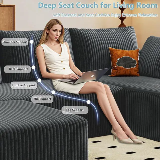 Alt view image 5 of 7 - 96" W Cloud Sectional Couch with Ottoman,Modern U-Shaped Cloud Couch with Deep Seat,Comfy Corduroy 3-Seater Sofa,Memory Foam Sofa for Living Room,No Assembly (Dark Grey,Right-Facing Chaise)