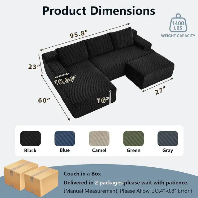 Alt view image 2 of 7 - 96" W Cloud Sectional Couch with Ottoman,Modern U-Shaped Cloud Couch with Side Pockets,Comfy Corduroy 3-Seater Sofa,Memory Foam Sofa for Living Room,No Assembly (Black,Left-Facing Chaise)