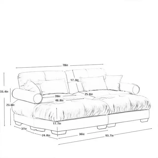 Alt view image 2 of 6 - 93.7" Oversized Loveseat Sofa with 2 Ottomans, Modern Velvet 2-Seat Couch with Waist & Throw Pillows, Upholstered Deep Seat Cloud Couch for Living Room, Bedroom (Camel,2 Seater with 2 Ottomans)