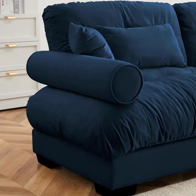 Alt view image 6 of 6 - 130" W Modular Sectional Sofa, Oversized 3-Seater Couch with Waist & Throw Pillows, Comfy Velvet Deep Seat Upholstered Sofa for Living Room, Apartment & Bedroom (Blue, 3-Seater)